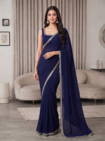 Navy Blue Mirror Work Georgette Festive Wedding Party Wear Saree