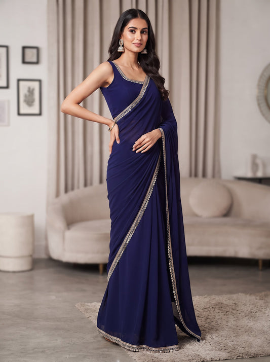Navy Blue Mirror Work Georgette Festive Wedding Party Wear Saree
