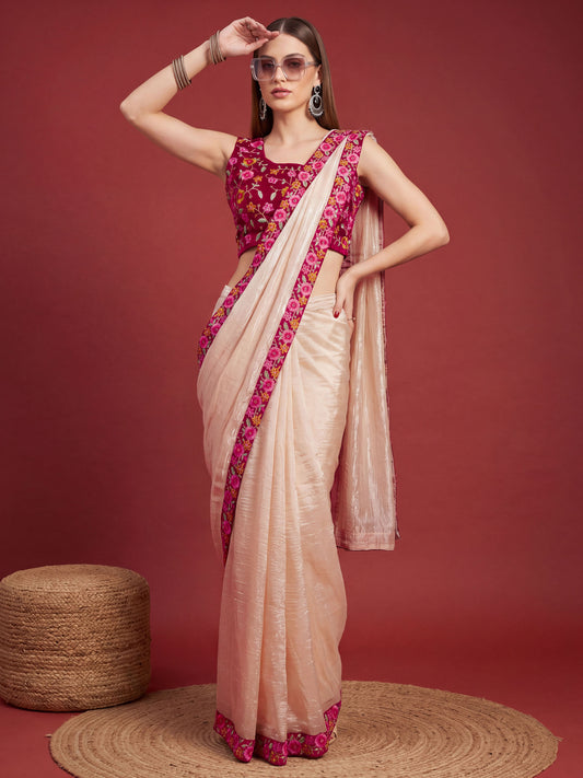 Cream Floral Embroidered Shimmer Satin Party Ready to Wear Saree