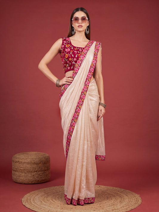 Cream Floral Embroidered Shimmer Satin Party Ready to Wear Saree