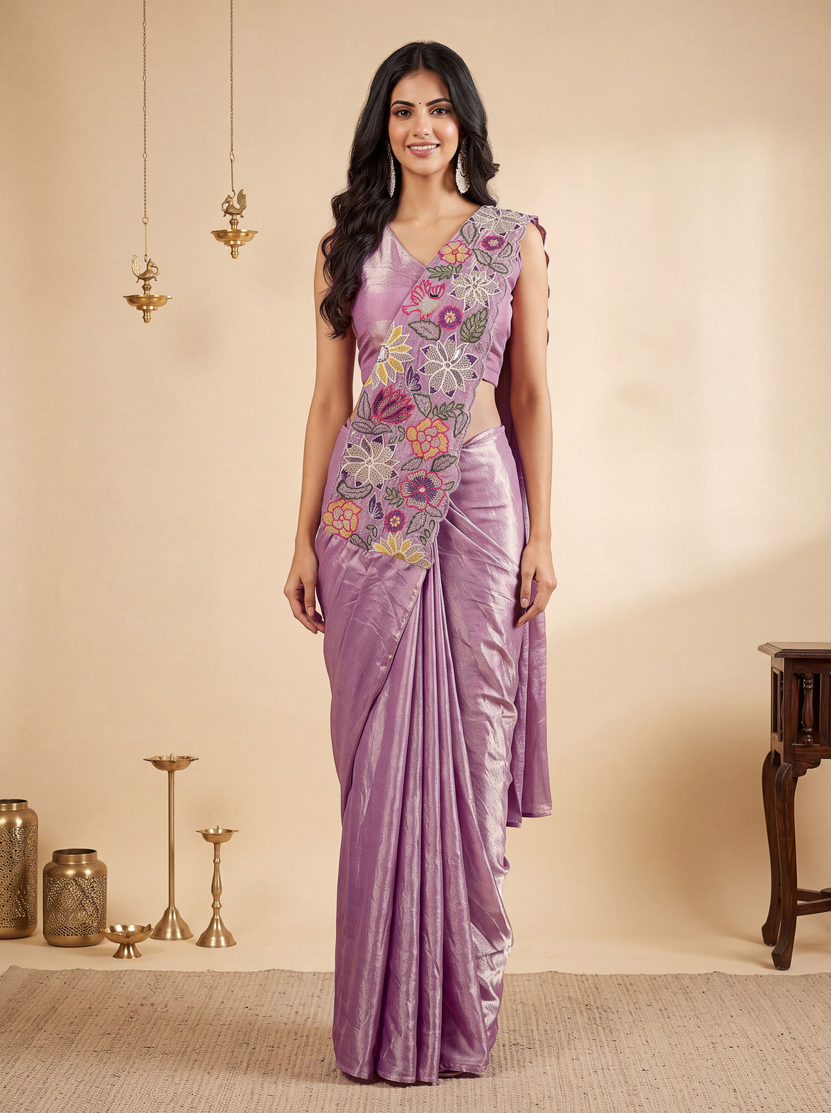 Onion Pink Embroidered Fancy Silk Party Wear Pre-Draped Saree