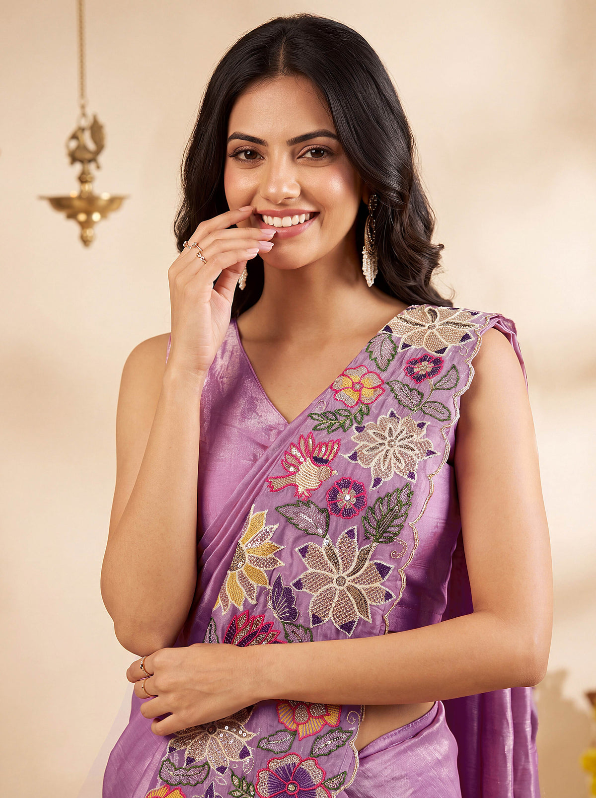 Onion Pink Embroidered Fancy Silk Party Wear Pre-Draped Saree