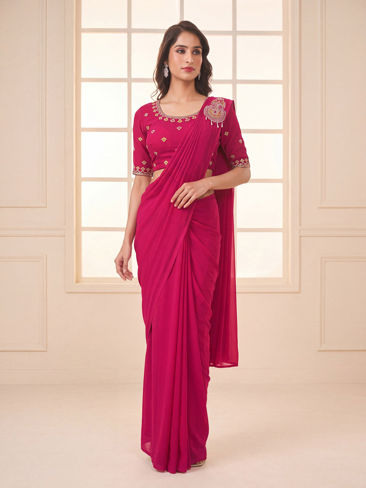 Shop Rani Pink Georgette Ready to Wear Saree from Patlani Style
