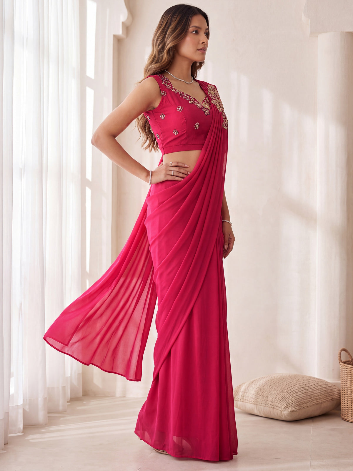 Rani Pink Sequin Embroidered Georgette Party Ready to Wear Saree