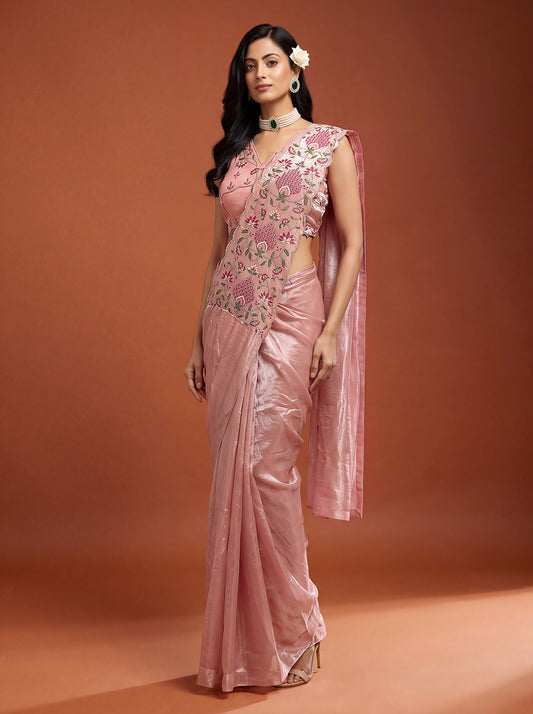 Dusty Pink Floral Embroidered NC Satin Party Ready to Wear Saree