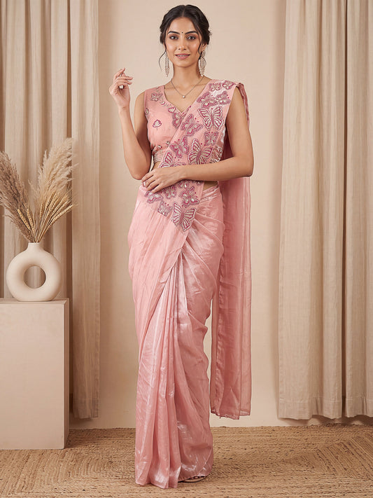 Pink Butterfly Sequin Embroidered Satin Party Ready to Wear Saree