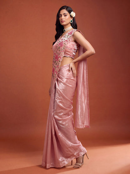 Dusty Pink Floral Embroidered NC Satin Party Ready to Wear Saree