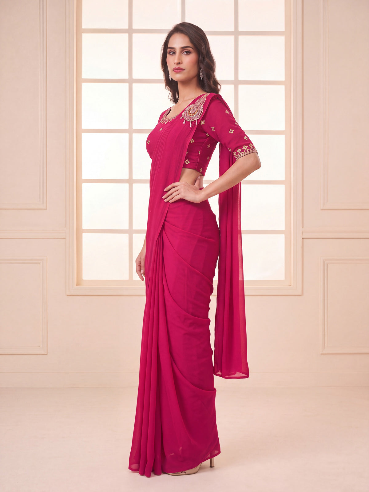 Shop Rani Pink Georgette Ready to Wear Saree from Patlani Style