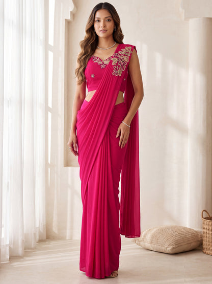Rani Pink Sequin Embroidered Georgette Party Ready to Wear Saree