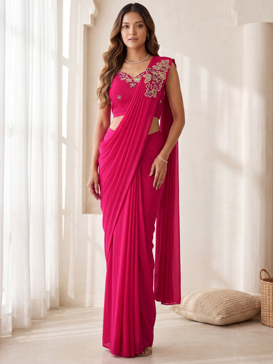 Rani Pink Sequin Embroidered Georgette Party Ready to Wear Saree