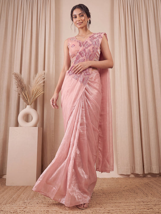 Pink Butterfly Sequin Embroidered Satin Party Ready to Wear Saree