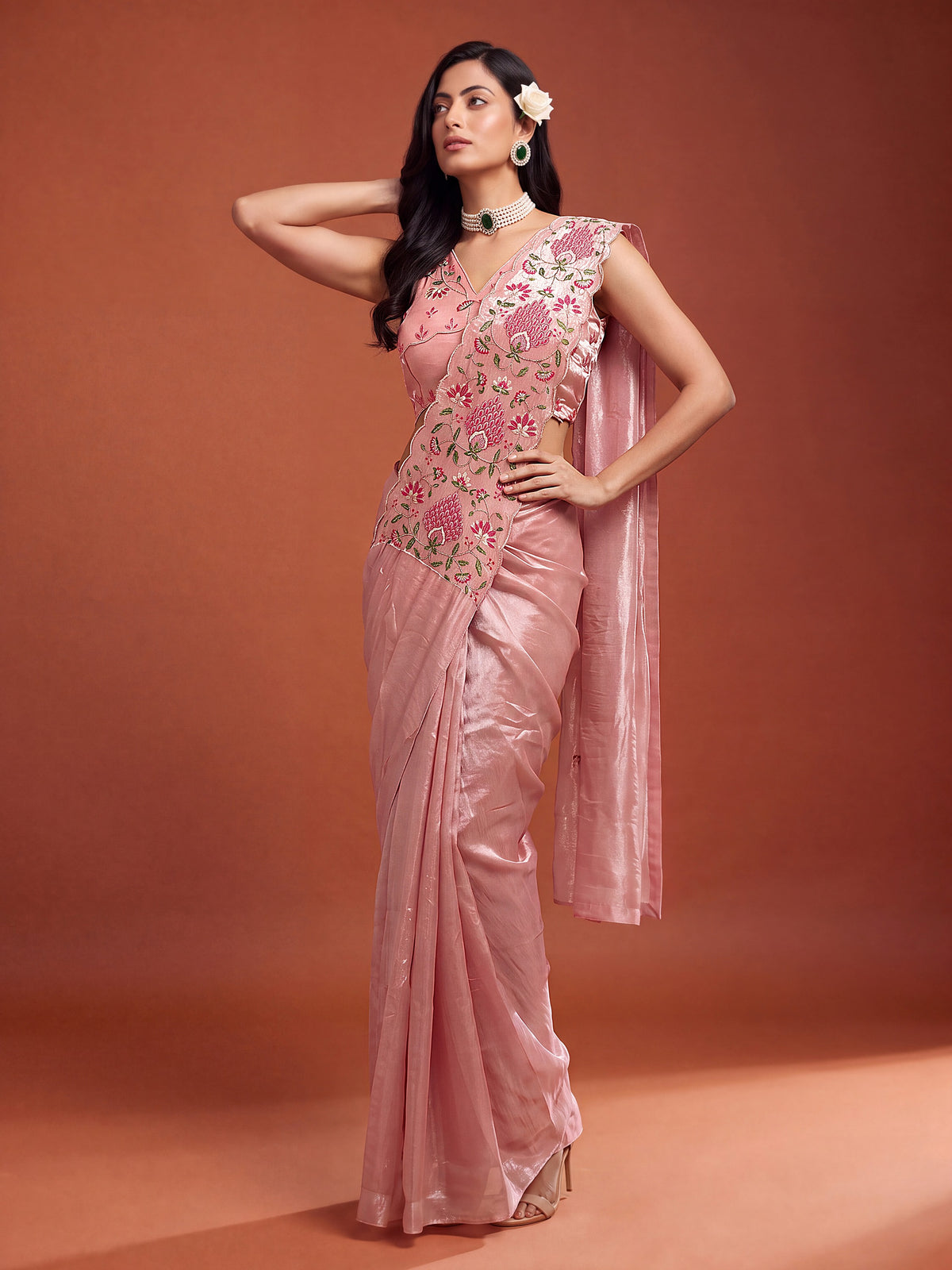 Dusty Pink Floral Embroidered NC Satin Party Ready to Wear Saree
