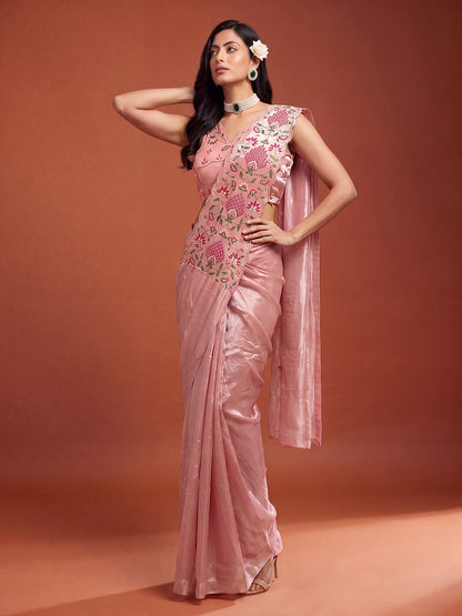 Dusty Pink Floral Embroidered NC Satin Party Ready to Wear Saree