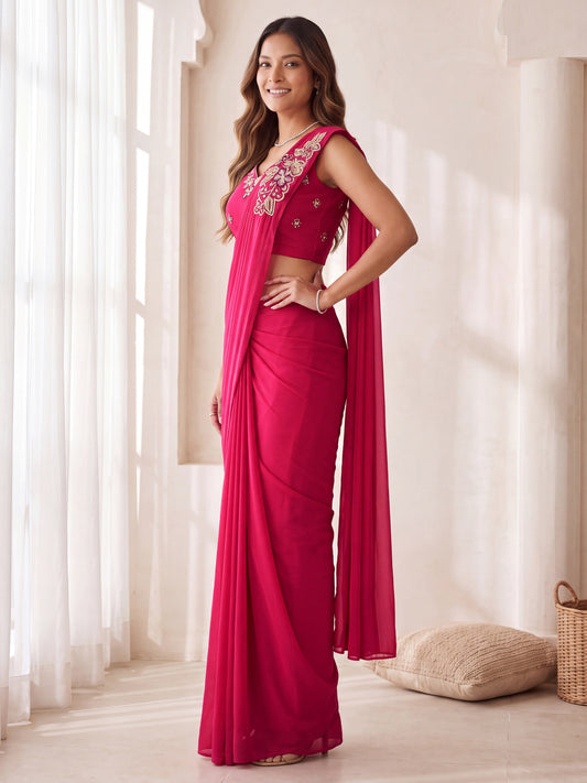Rani Pink Sequin Embroidered Georgette Party Ready to Wear Saree