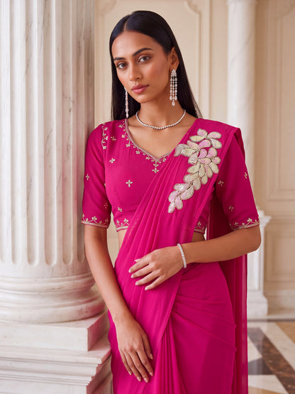 Rani Pink Designer Embroidered Georgette Party Ready to Wear Saree
