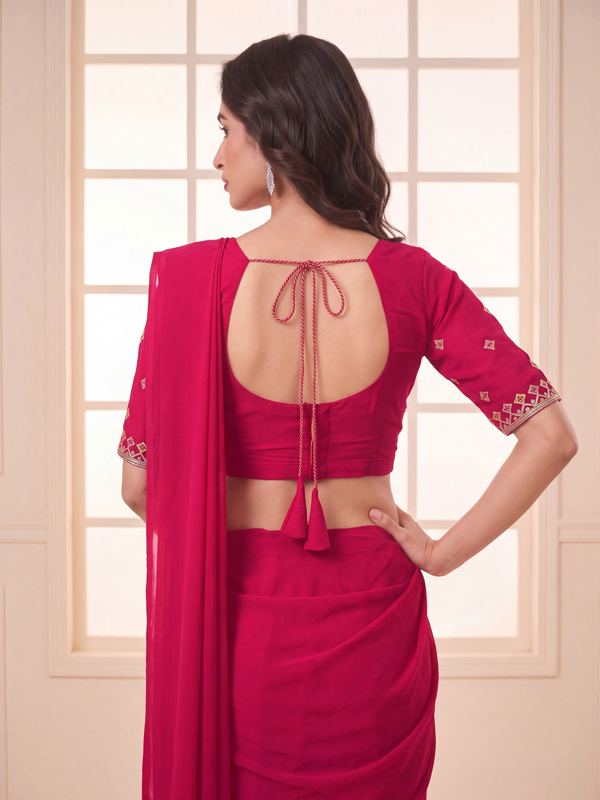 Rani Pink Embroidered Georgette Festive Party Ready to Wear Saree