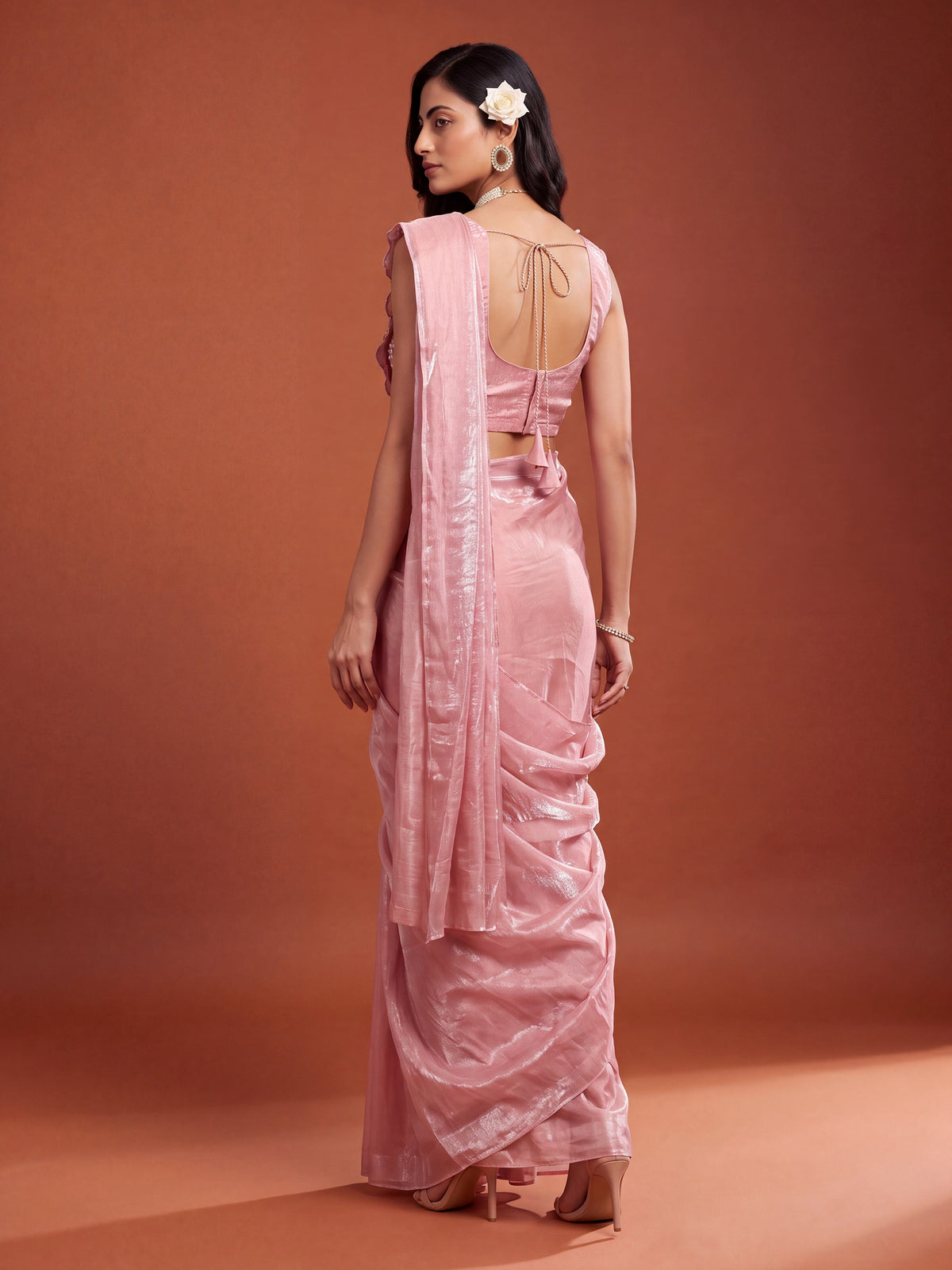 Dusty Pink Floral Embroidered NC Satin Party Ready to Wear Saree