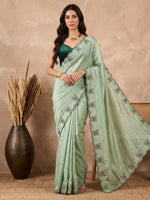 Pista Green Butterfly Embroidered Chinon Wedding Party Wear Saree