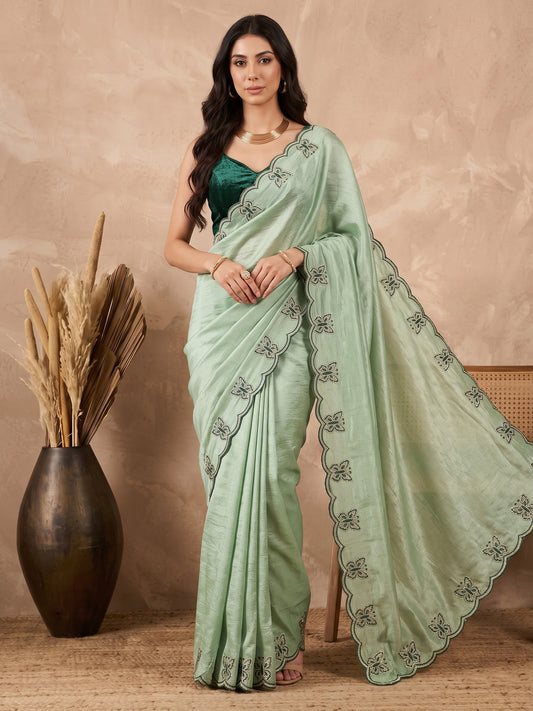 Pista Green Butterfly Embroidered Chinon Wedding Party Wear Saree