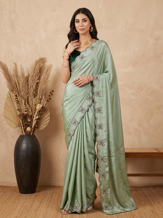 Pista Green Butterfly Embroidered Chinon Wedding Party Wear Saree