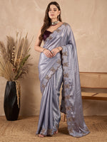 Purple Embroidered Chinon Wedding and Party Wear Saree for Women