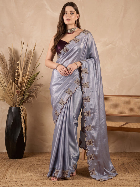 Purple Embroidered Chinon Wedding and Party Wear Saree for Women
