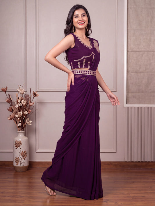 Purple Sequin Embroidered Georgette Party Ready to Wear Saree