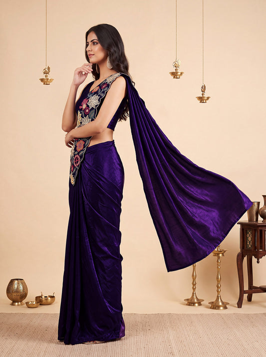 Deep Purple Embroidered Fancy Silk Party Wear Pre-Draped Saree