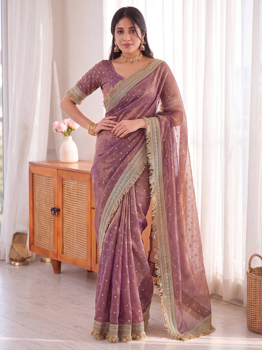 Mauve Golden Jacquard Butti Moss Satin Festive Traditional Saree