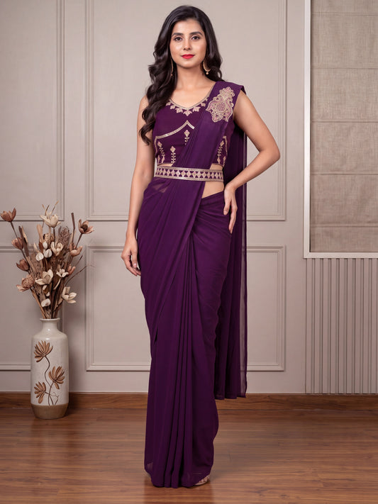 Purple Sequin Embroidered Georgette Party Ready to Wear Saree