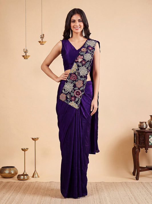 Deep Purple Embroidered Fancy Silk Party Wear Pre-Draped Saree