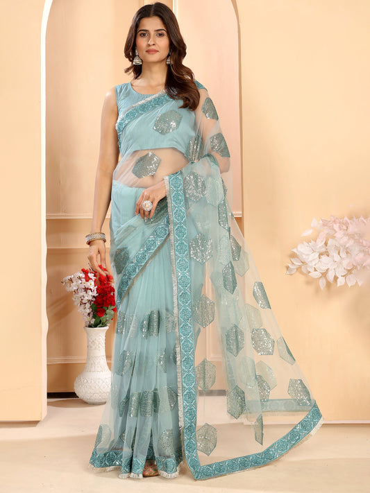Firozi Sequins Embroidery Soft Net Party Wear Designer Saree