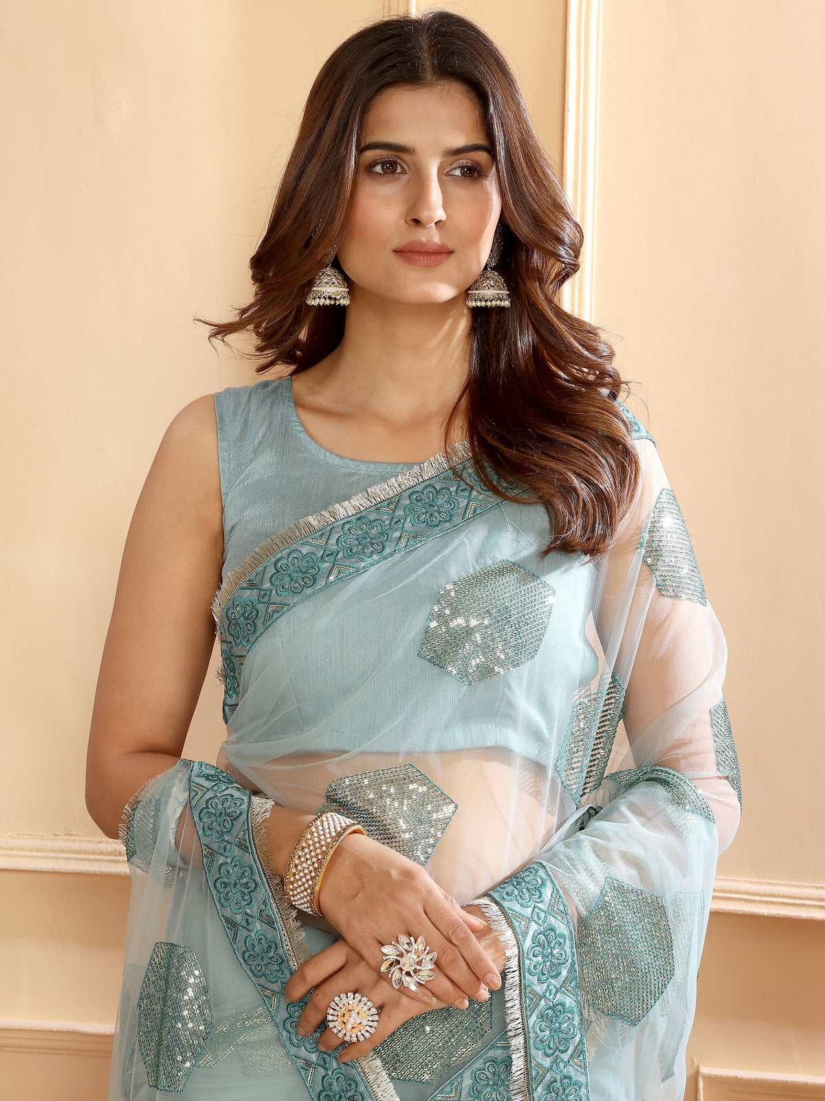 Firozi Sequins Embroidery Soft Net Party Wear Designer Saree
