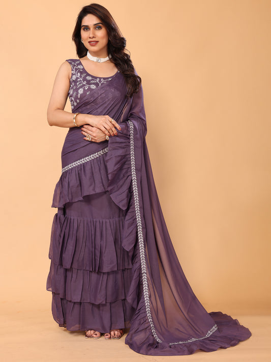 Purple Embroidery Georgette Party Wear Designer Ready to Wear Saree