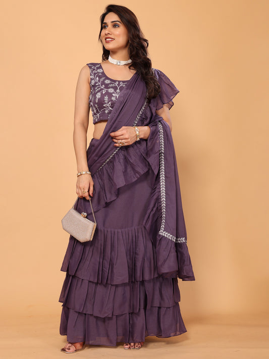 Purple Embroidery Georgette Party Wear Designer Ready to Wear Saree