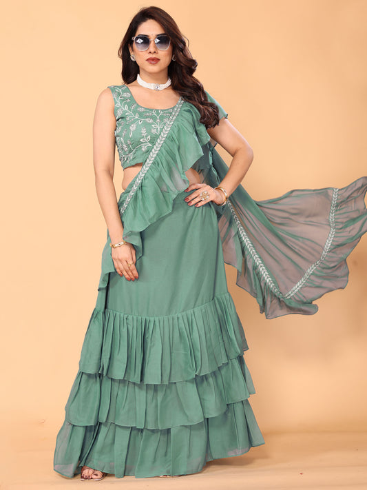 Rama Green Embroidery Georgette Party Wear Ready to Wear Saree
