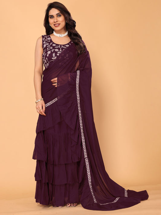 Wine Embroidery Georgette Party Wear Ready to Wear Designer Saree