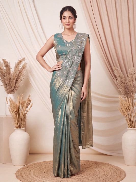 Rama Green Butterfly Embroidered Satin Party Ready to Wear Saree