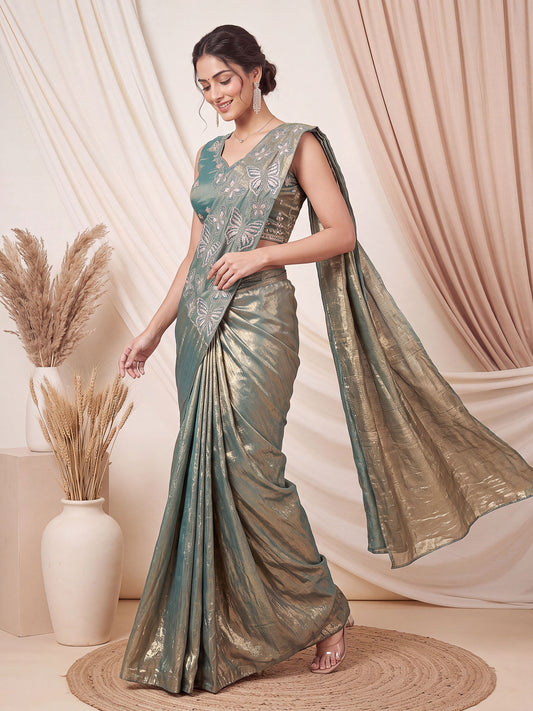 Rama Green Butterfly Embroidered Satin Party Ready to Wear Saree