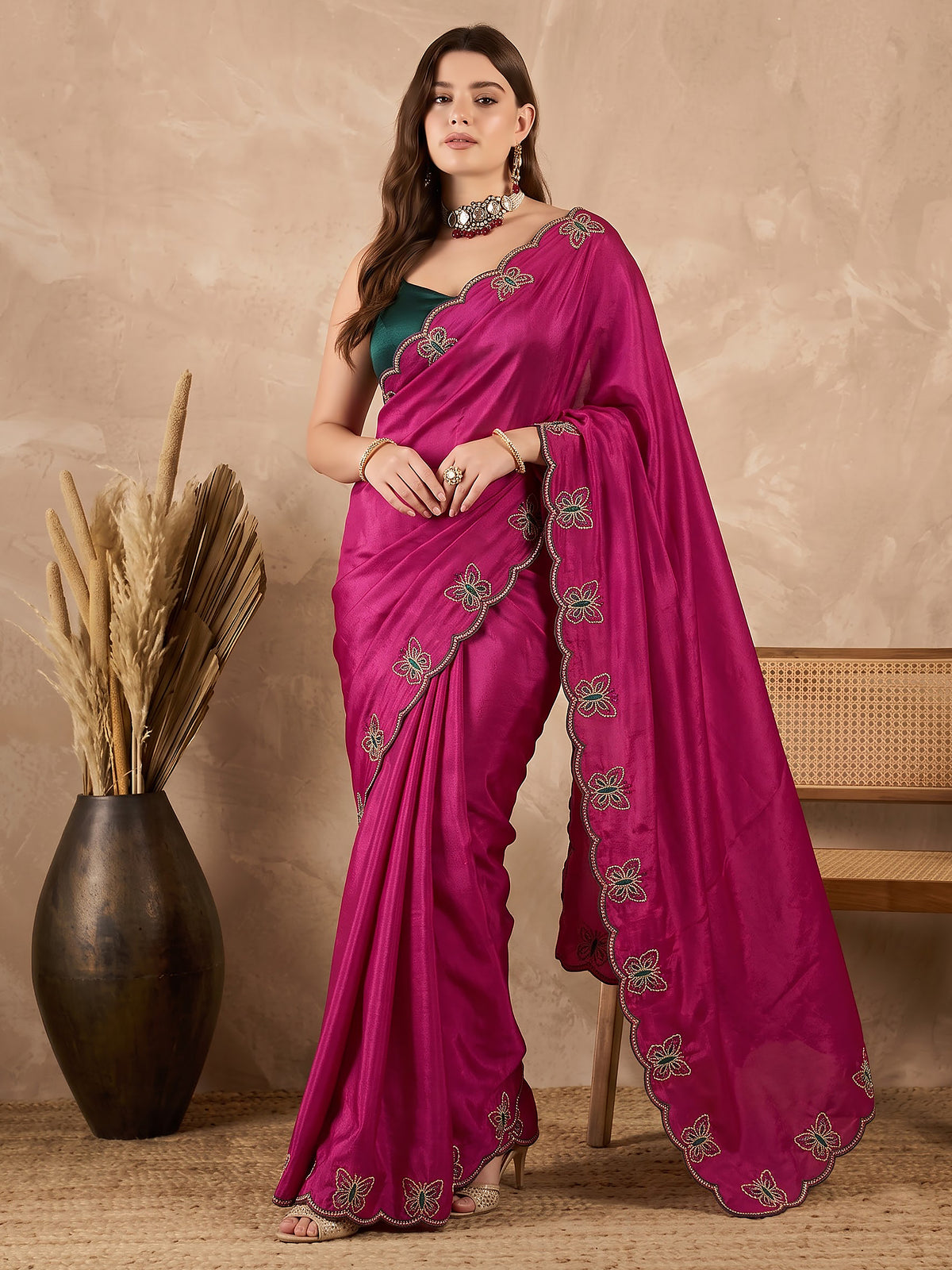 Rani Pink Butterfly Embroidered Chinon Wedding Party Wear Saree