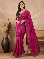 Rani Pink Butterfly Embroidered Chinon Wedding Party Wear Saree