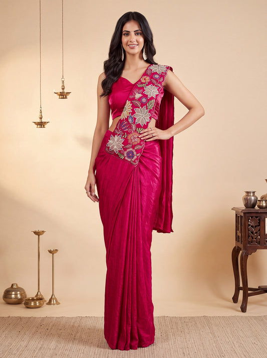 Rani Pink Embroidered Fancy Silk Party Wear Pre-Draped Saree