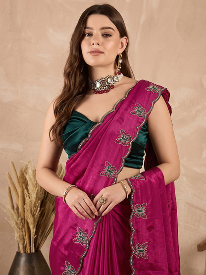 Rani Pink Butterfly Embroidered Chinon Wedding Party Wear Saree