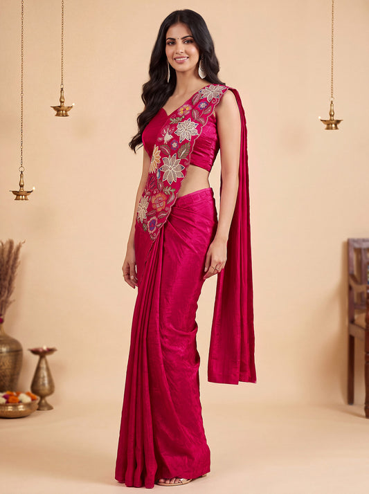 Rani Pink Embroidered Fancy Silk Party Wear Pre-Draped Saree