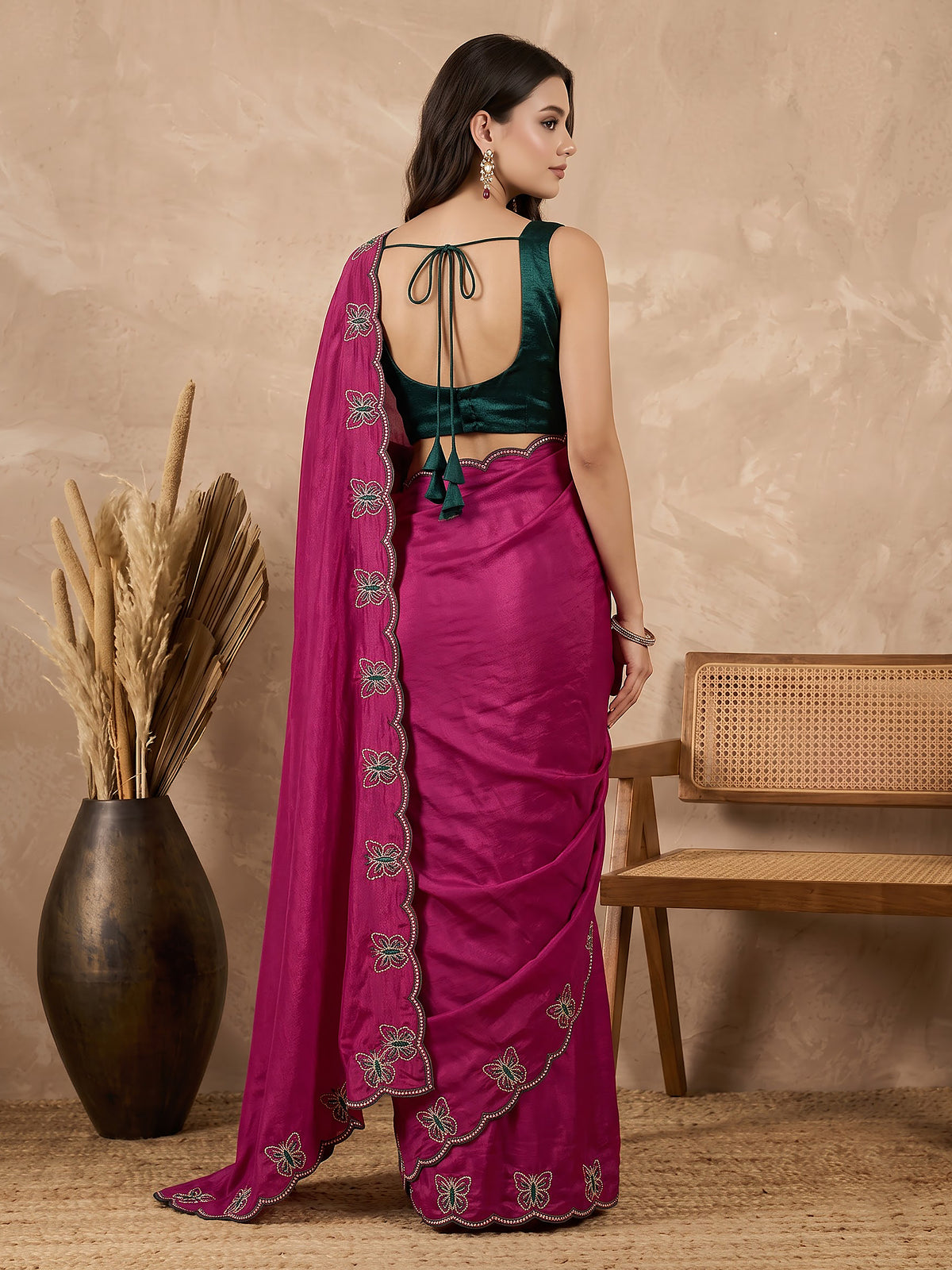 Rani Pink Butterfly Embroidered Chinon Wedding Party Wear Saree