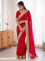 Red Golden Jacquard Butti Moss Satin Festive Traditional Saree