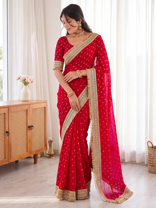 Red Golden Jacquard Butti Moss Satin Festive Traditional Saree