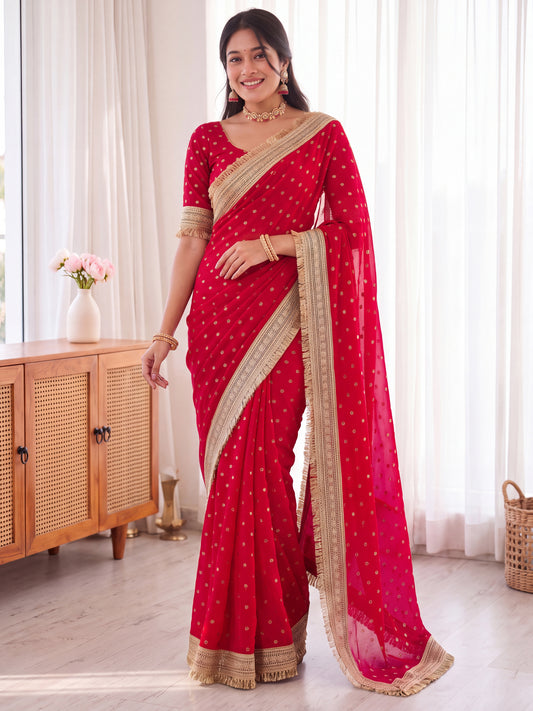 Red Golden Jacquard Butti Moss Satin Festive Traditional Saree