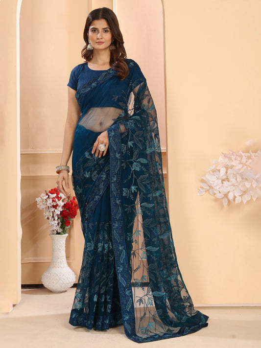 Peacock Blue Thread Embroidery Net Wedding & Party Wear Saree