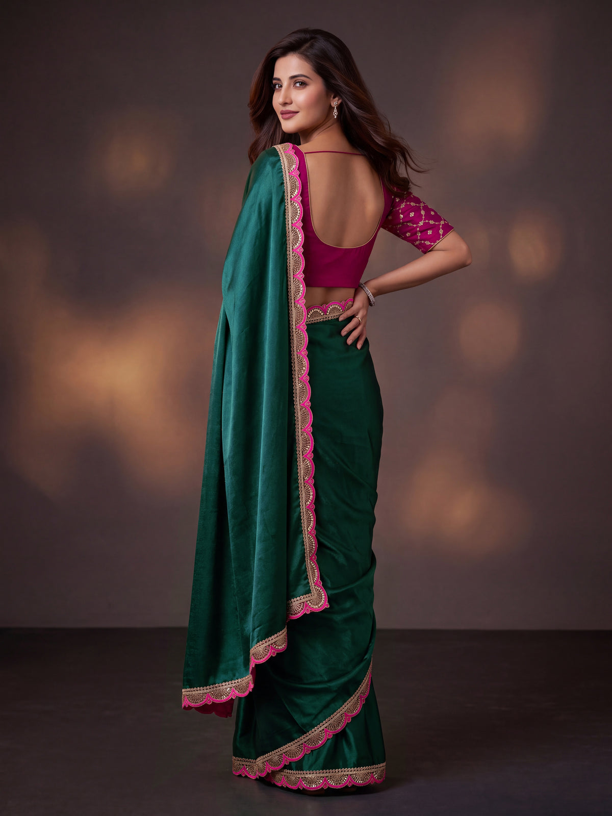 Teal Sequin Thread Work Chinon Festive Party Saree with Blouse
